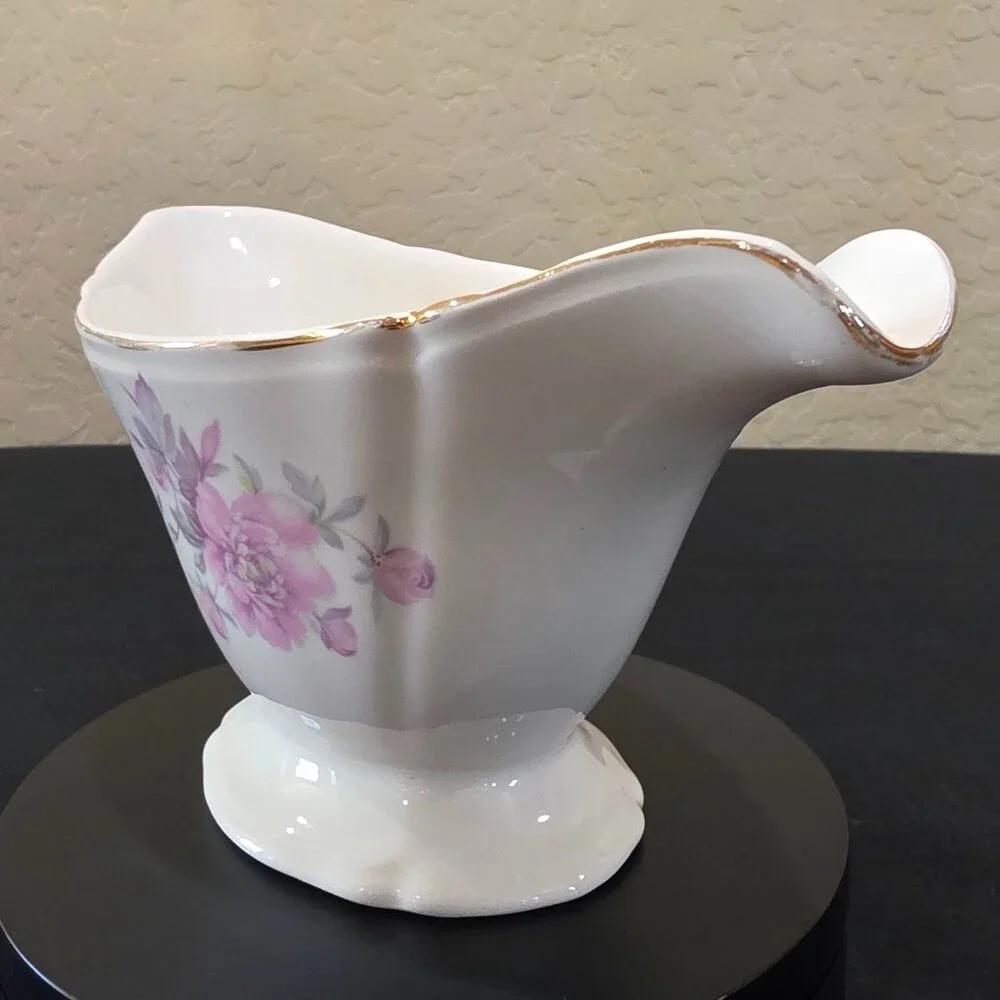 1952 Handled Floral Gravy Boat Edwin M. Knowles Light Pink Rose Gold Trimmed
